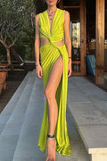 green Cutout Knot Slit V-Neck Sleeveless Pleated Irregular Dress