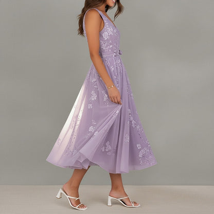 purple V-Neck Print Lace-up Sleeveless Dress