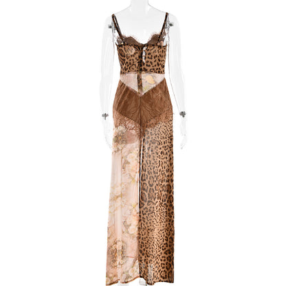 brown suspender slit bandeau chiffon dress