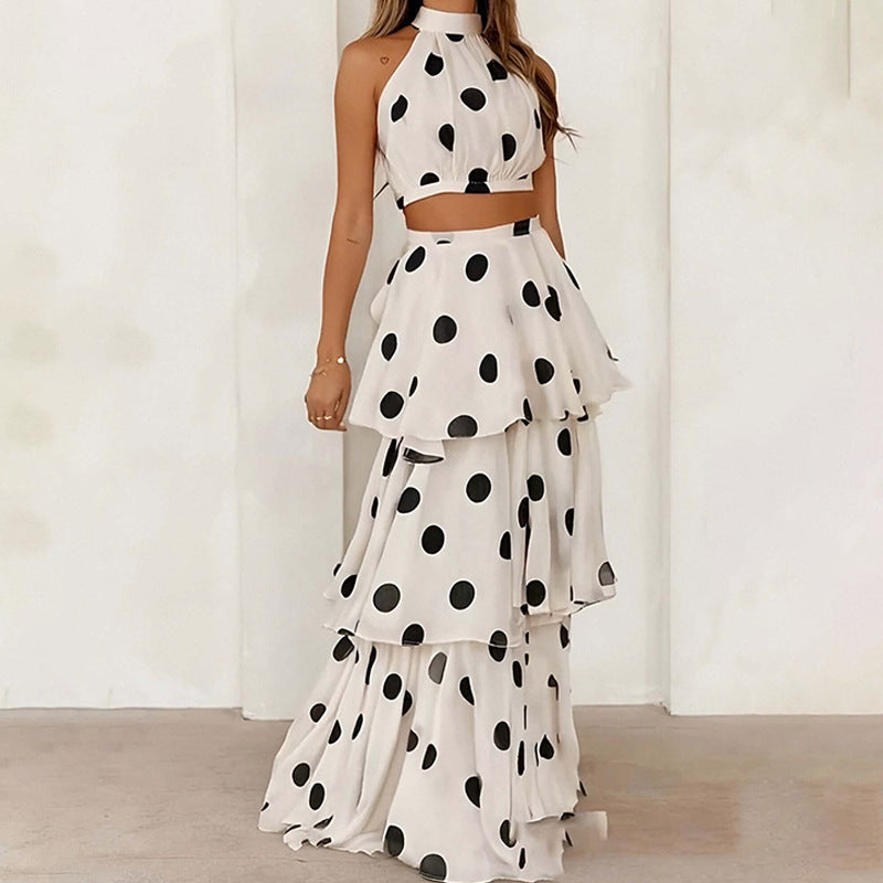 polka dot halterneck sleeveless top skirt set