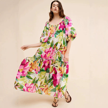 Floral print square neck puff sleeve maxi dress