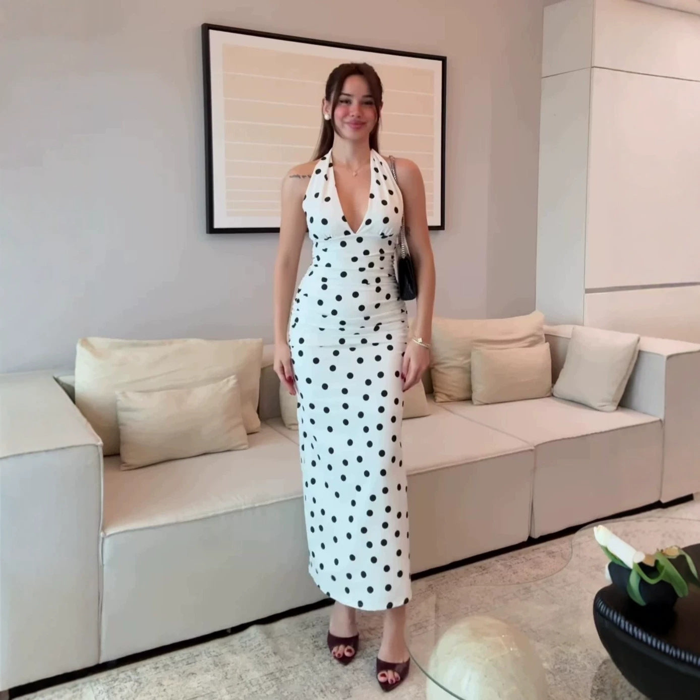 white Polka Dot Halter-Neck Sleeveless Waist-Cinching  Dress