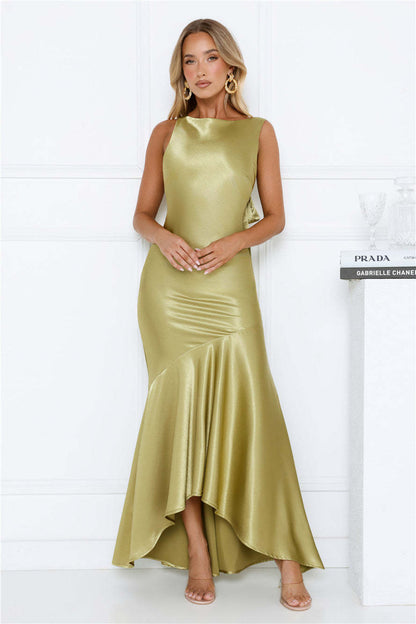 green satin fishtail large swing maxi dress