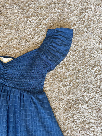 blue sleeveless V-neck mini dress