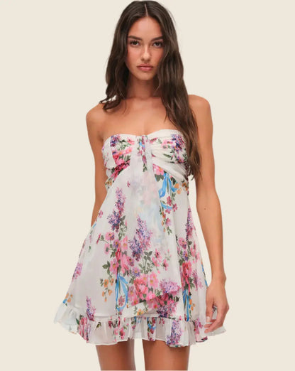 Floral print strapless chiffon ruffled mini dress