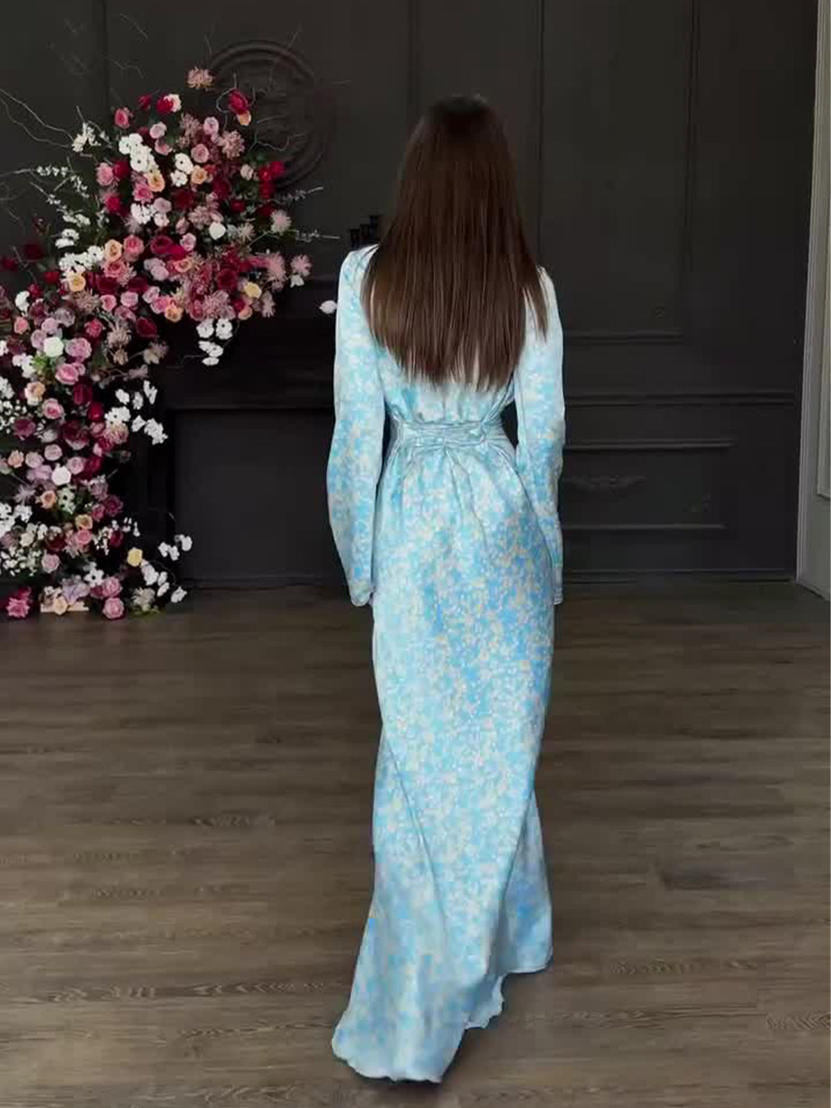blue V-neck long-sleeved maxi dress