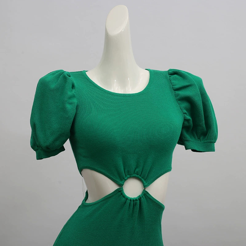 green hollow knitted mini dress