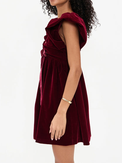 red V-neck bow gold velvet dress