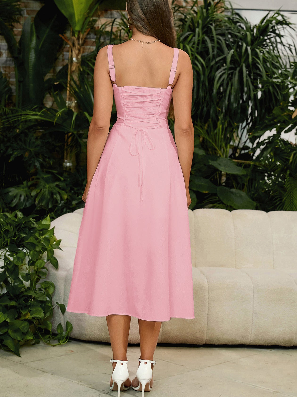 pink herringbone slip slit backless chest tie long dress