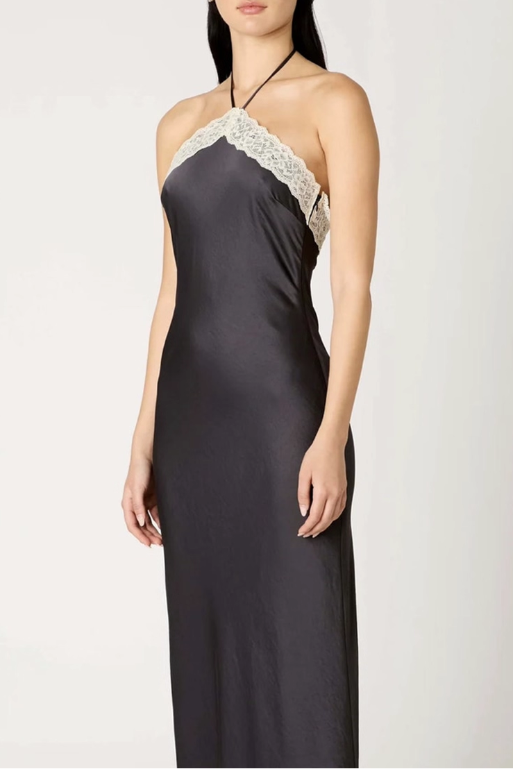 black halterneck lace patchwork satin waist open back maxi dress