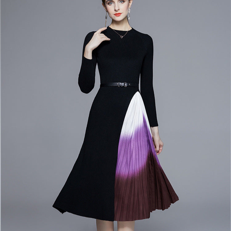 Knitted patchwork gradient pleated maxi dress