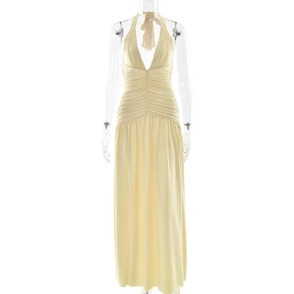 yellow halterneck slim back dress