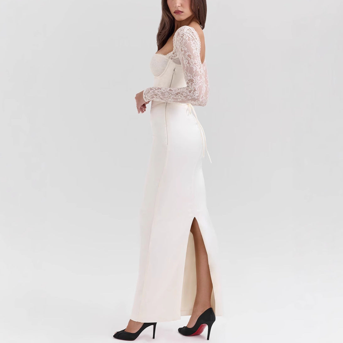 Bodycon lace long-sleeved slim-fit maxi dress - white