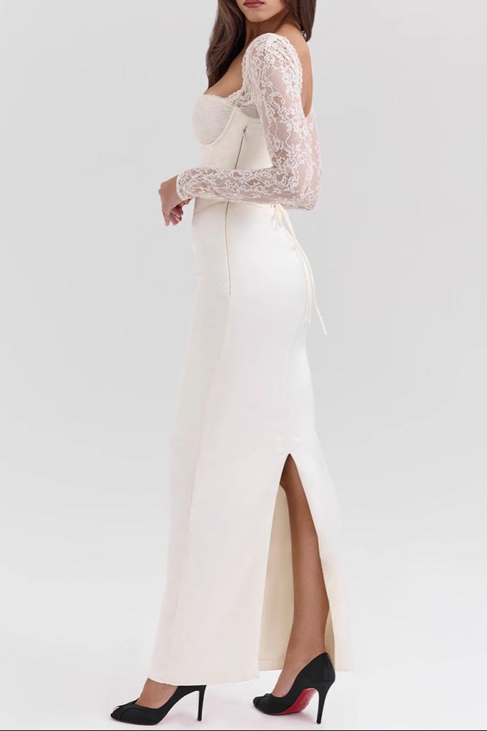 belle white Lace long-sleeved maxi dress