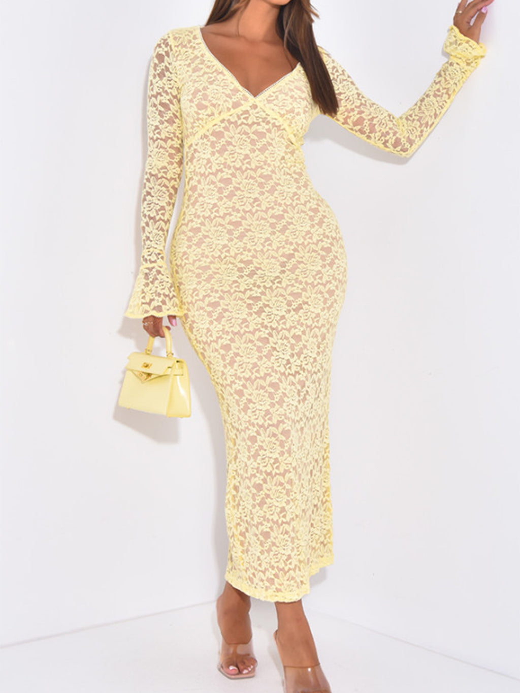 yellow Lace Cutout Long Sleeve maxi Dress