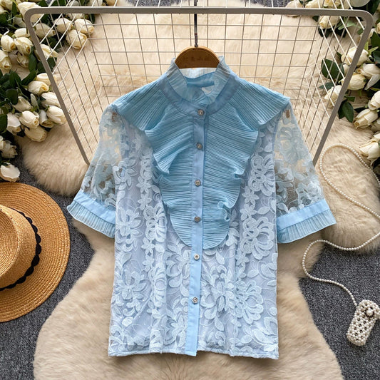 Lace-trimmed stand-up collar short-sleeved shirt