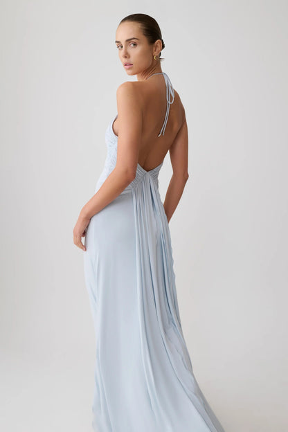 blue halterneck open back slip dress