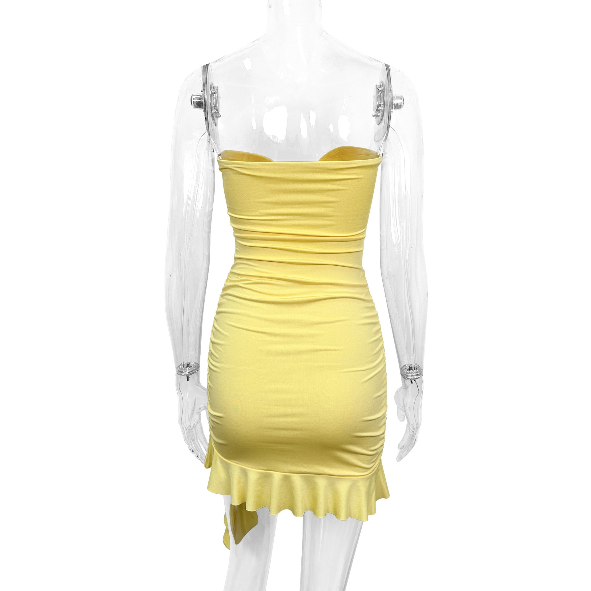 yellow Strapless ruffled bodycon mini dress