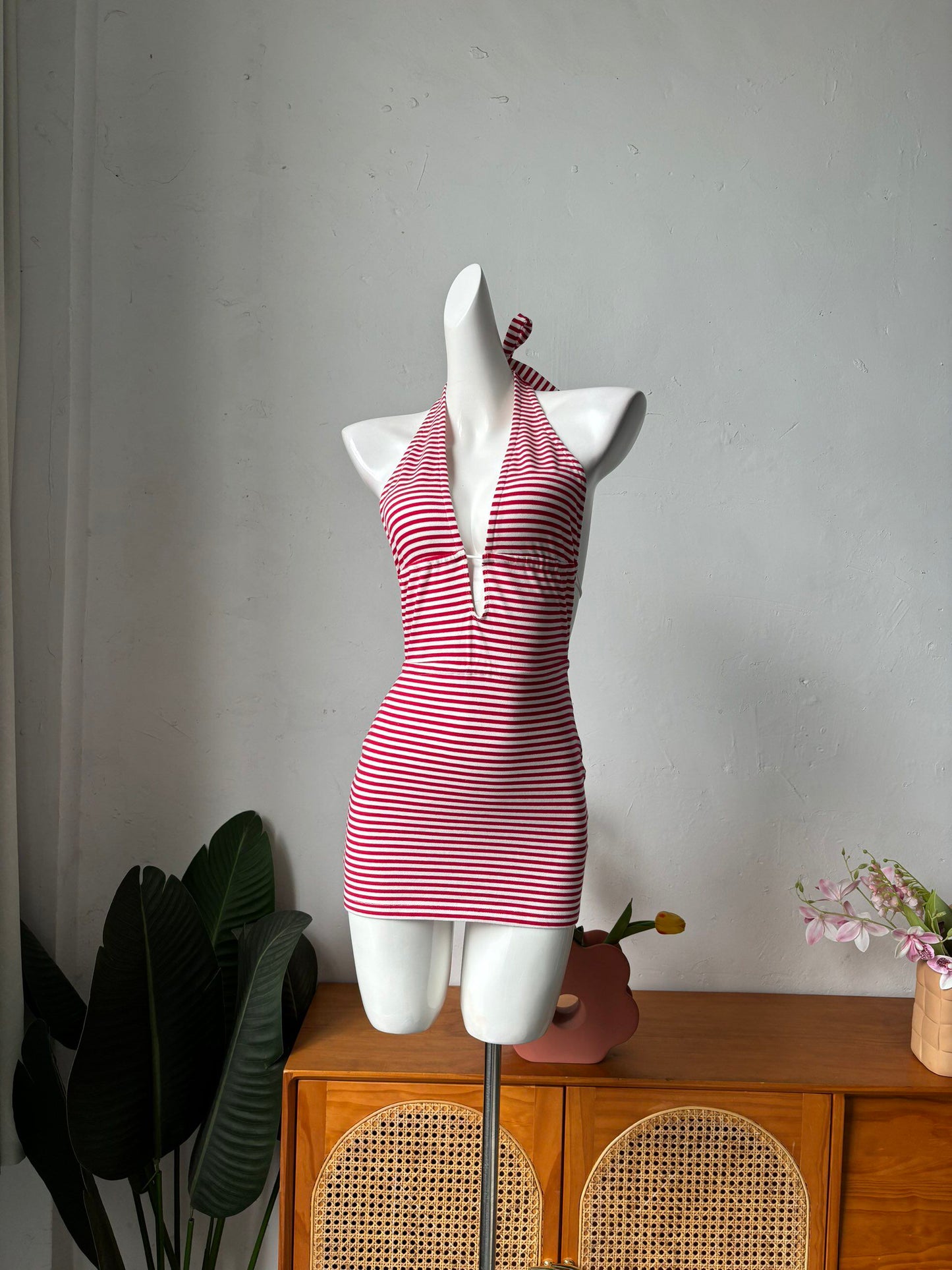 red and white striped halterneck suspender dress