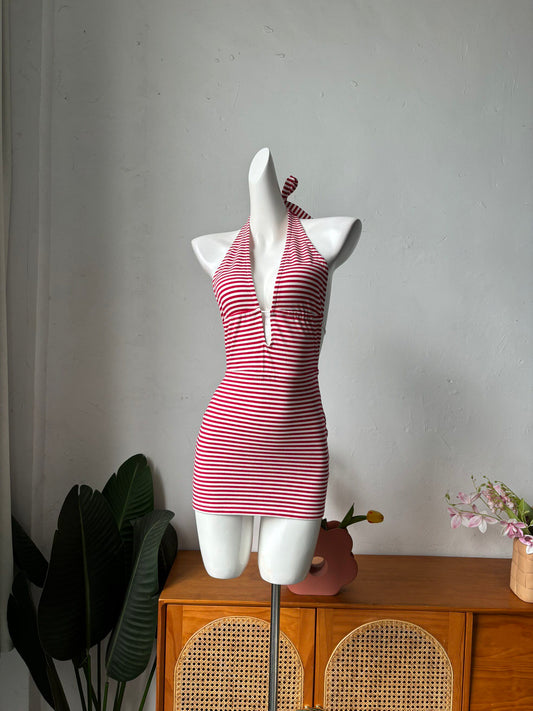 red and white striped halterneck suspender dress