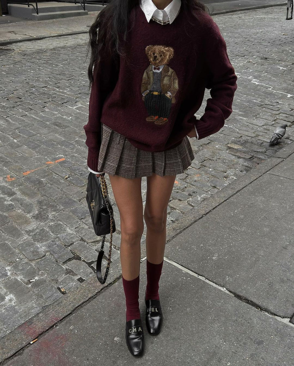 Burgundy retro bear embroidery loose pullover sweater