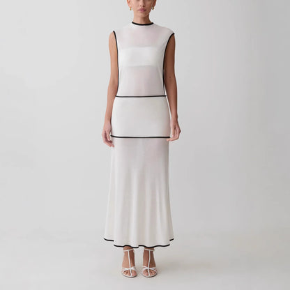 white splicing contrast cut-through knitted dress