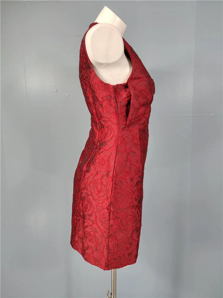 burgundy bow jacquard mini dress