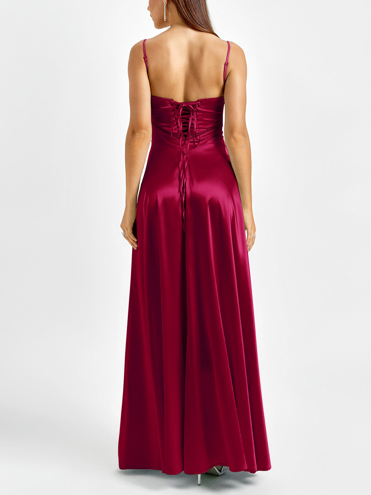 red matte satin backless slip dress