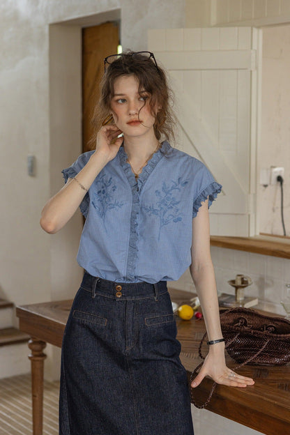 blue linen-cotton patchwork sleeveless lace shirt