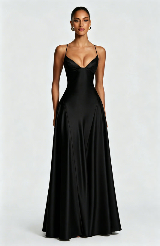 black Spaghetti Deep V Large Swing maxi Dress