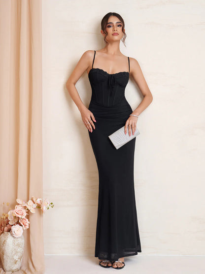 black suspender mesh lace patchwork lace-up pleated dress