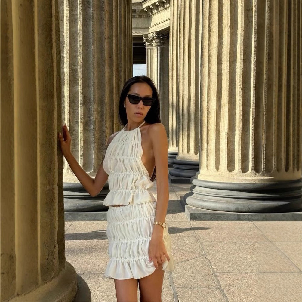 Halter-neck backless chiffon top and skirt set