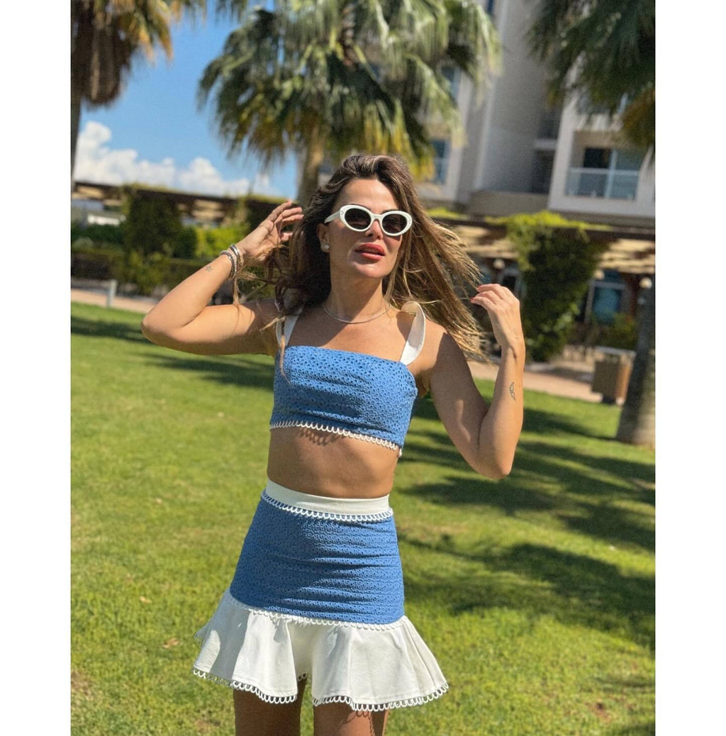 Ruffled camisole top and skirt set - white / Blue