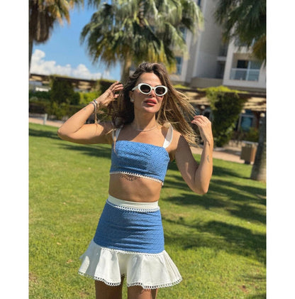 Ruffled camisole top and skirt set - white / Blue