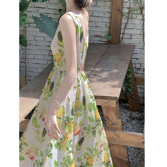 Forest-style green floral print midi dress