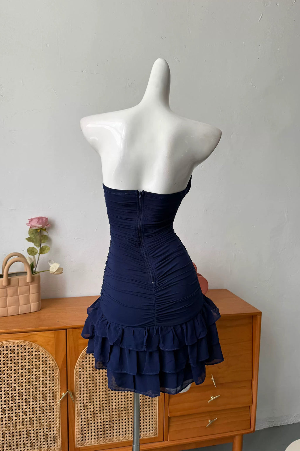 blue mesh bandeau mini dress