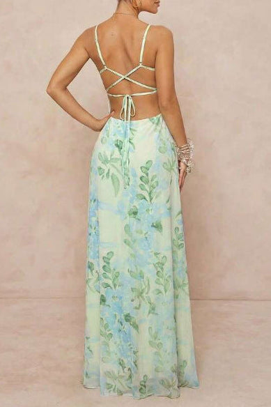 green mesh print open back waist dress