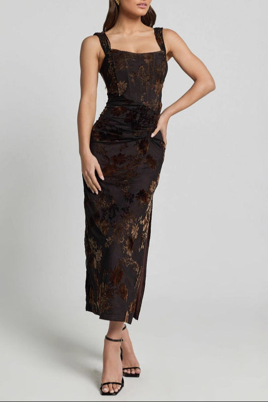 black lace slip midi dress