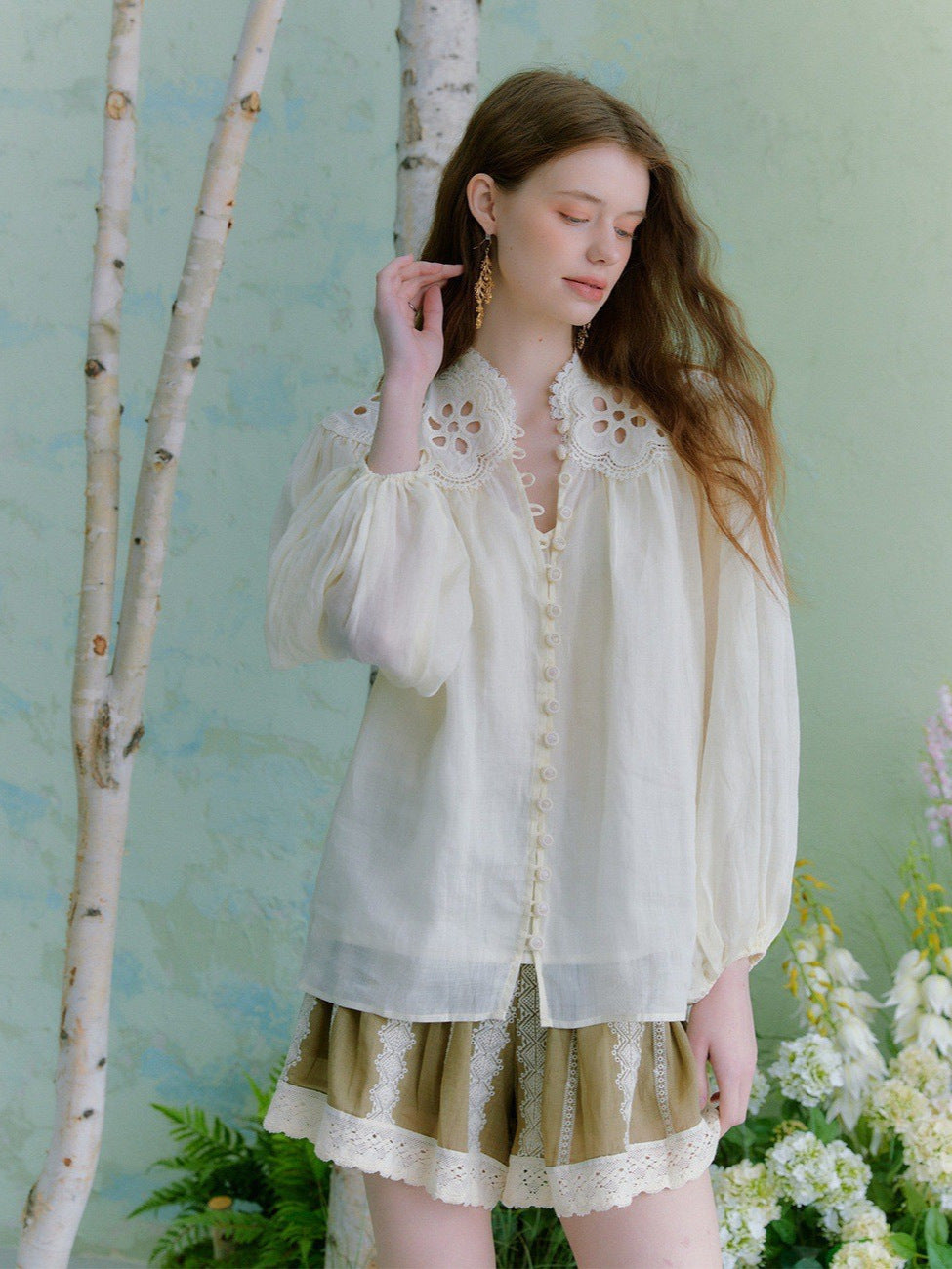 beige hollow embroidered lantern sleeve stand-collar ramie shirt