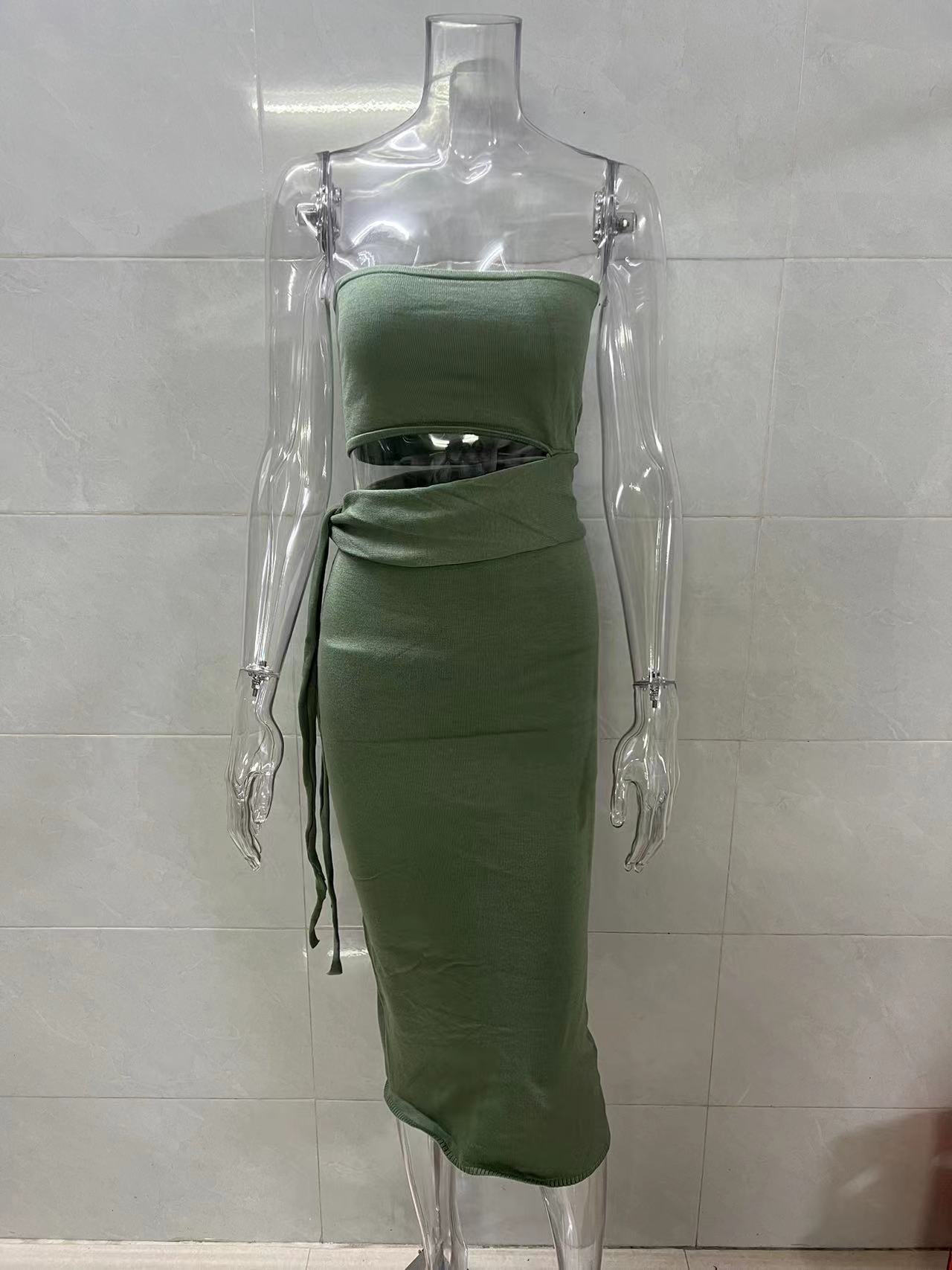 green cut-out backless bandeau lace-up knitted dress