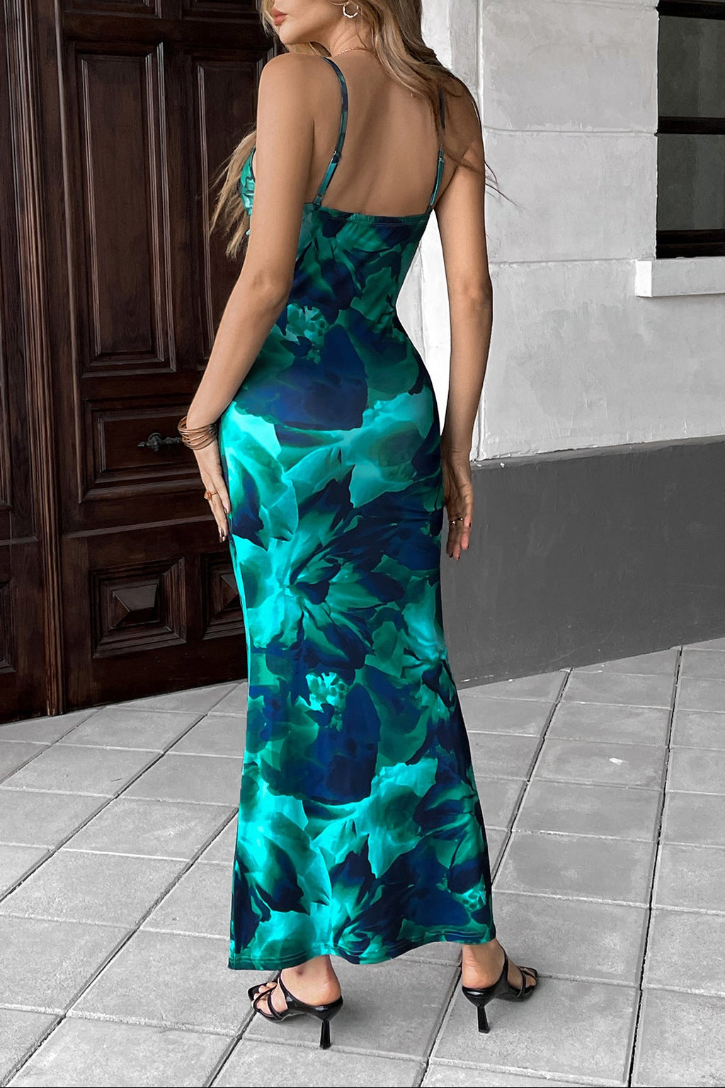 Bodycon Cutout Printed Spaghetti Strap Maxi Dress