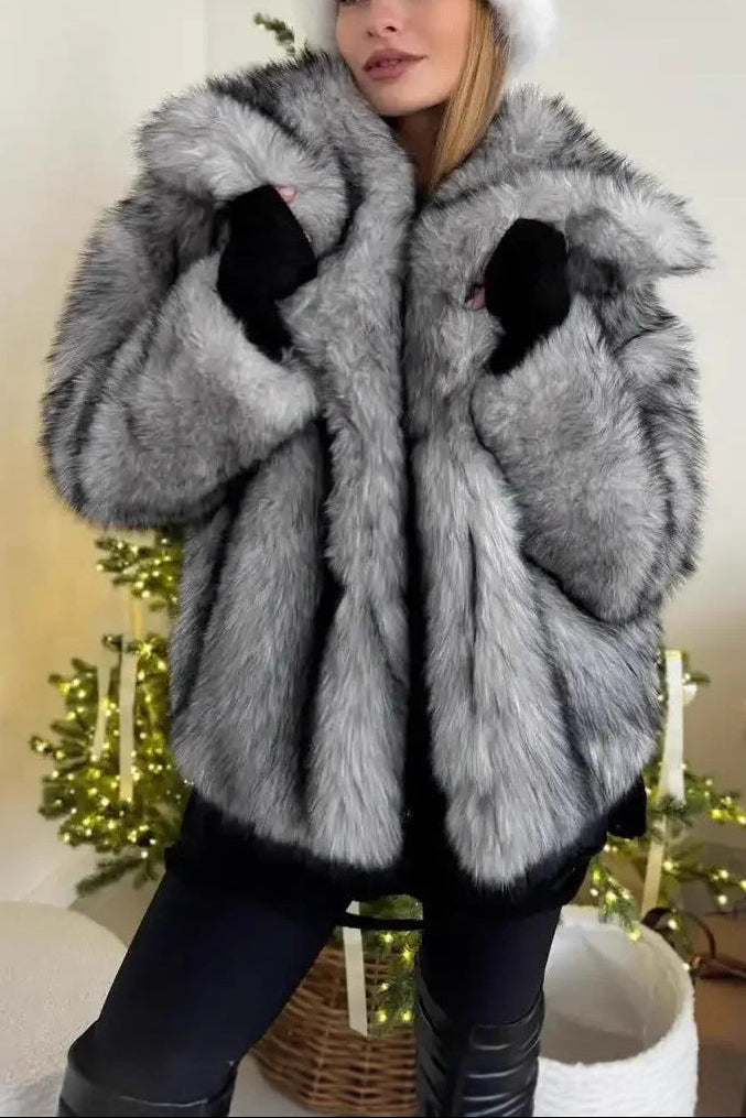 artificial leather fox fur jacket in Gray