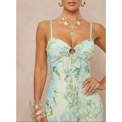 green mesh print open back waist dress