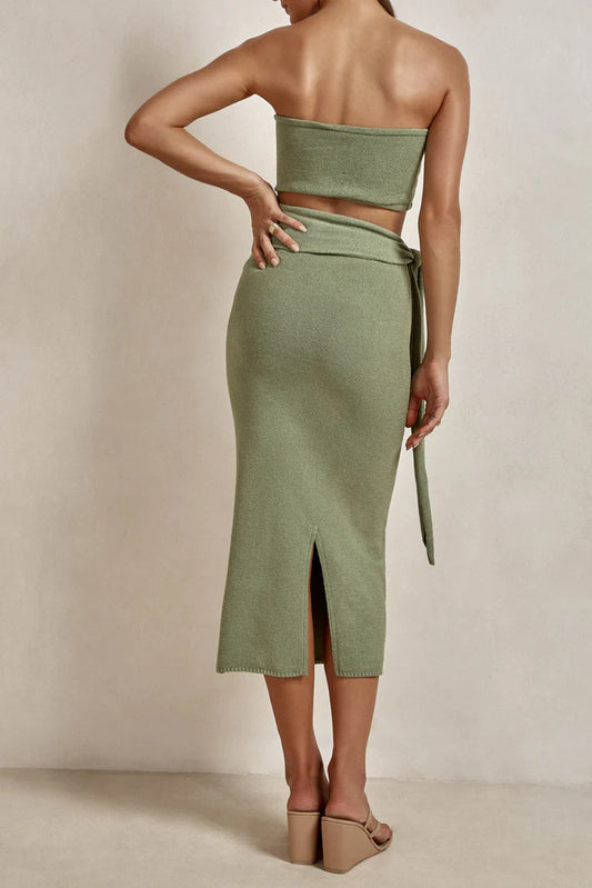 green cut-out backless bandeau lace-up knitted dress