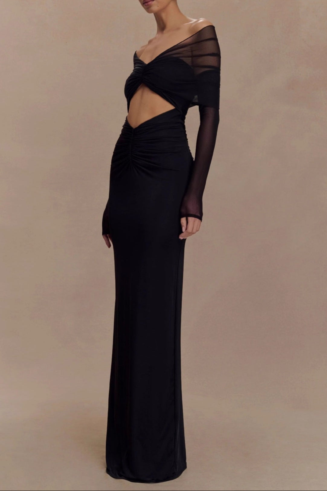 black openwork spliced mesh long sleeve dress