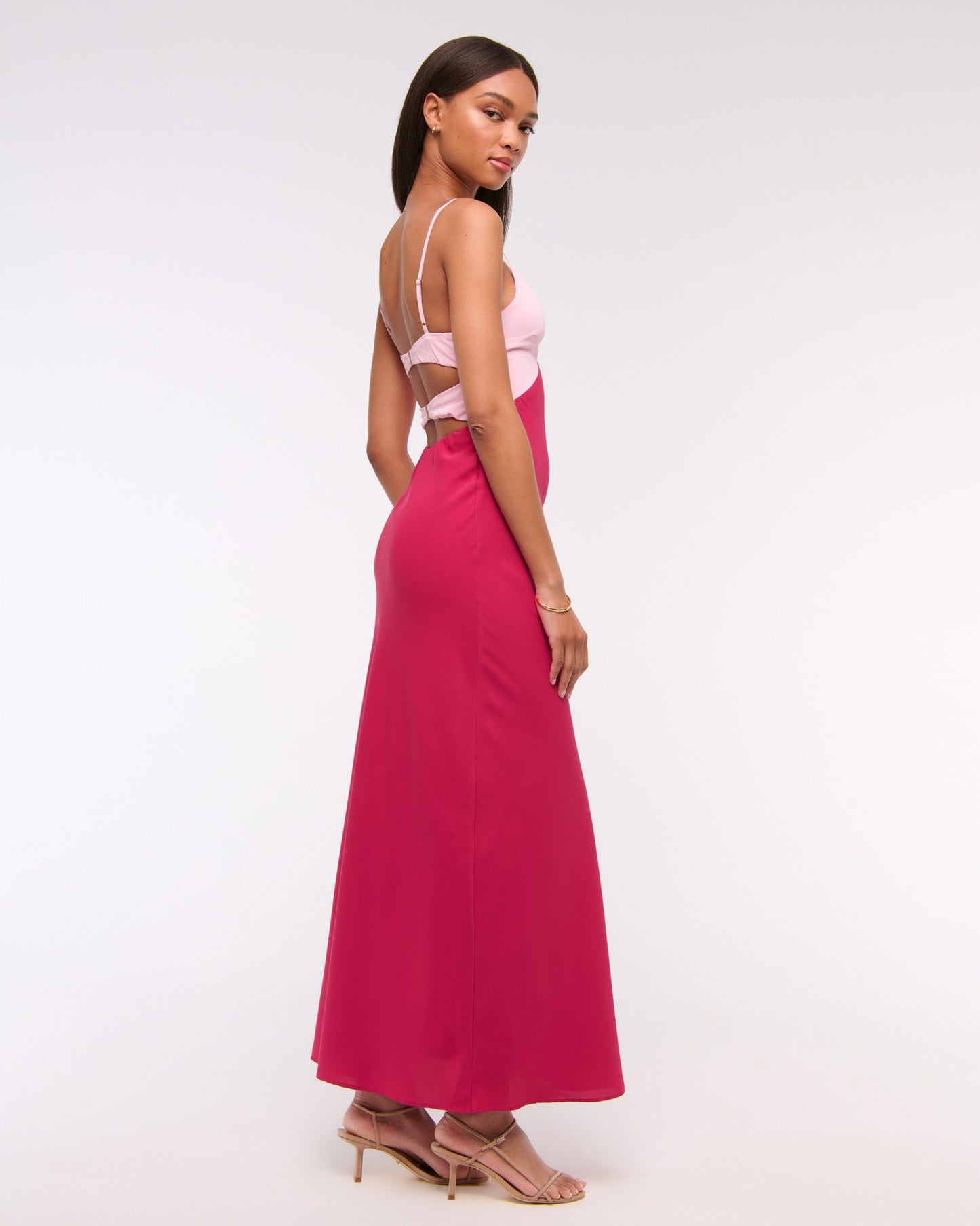 pink open back suspender color-blocking dress