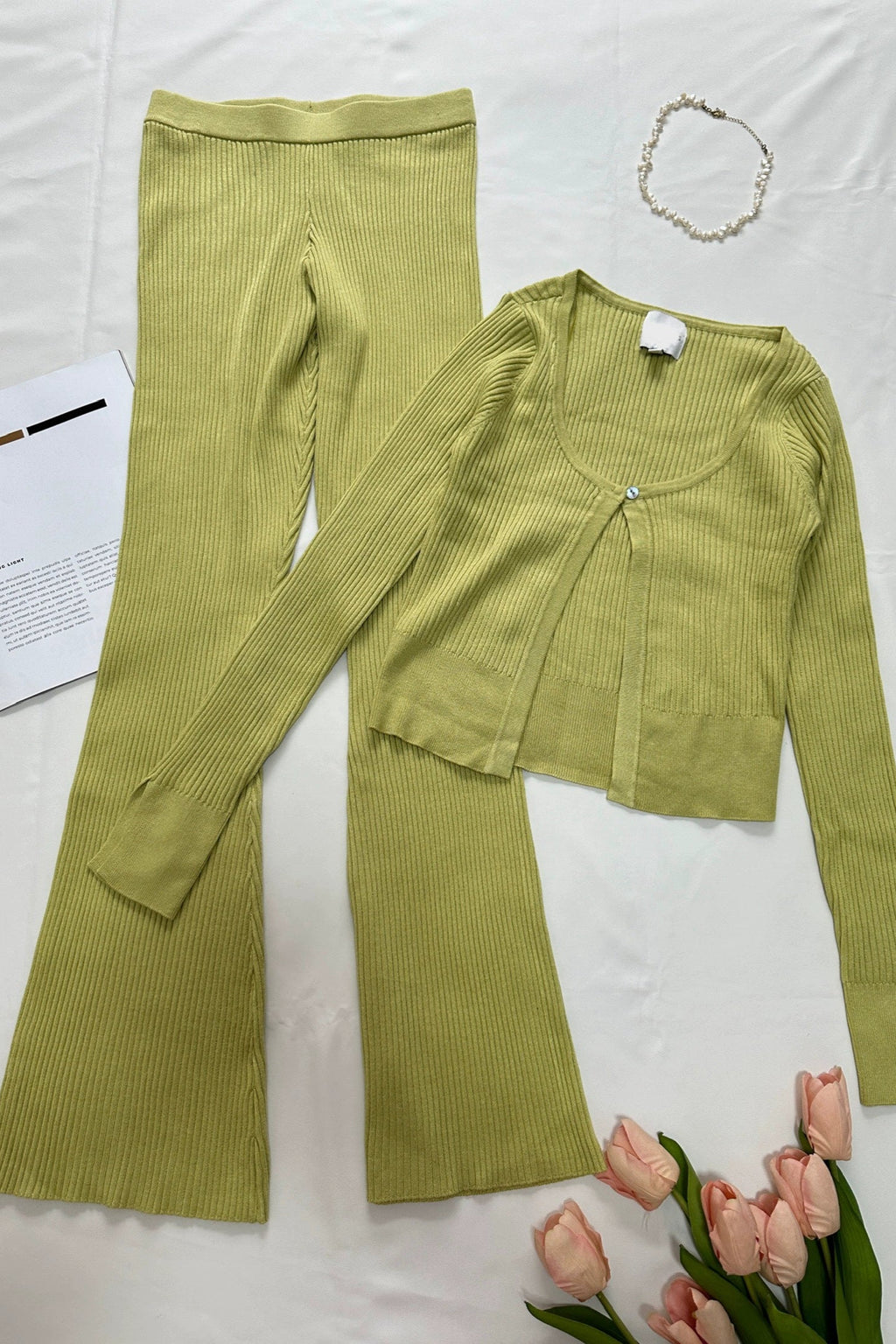 green Strip Knitted Cardigan Flared Pants Two-Piece Set