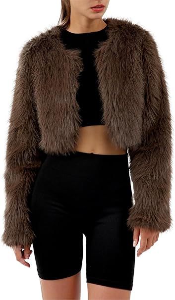 faux fur coat long sleeve collarless jacket