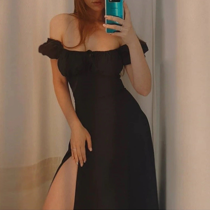 black Puff Sleeve Lace-up Slit Dress