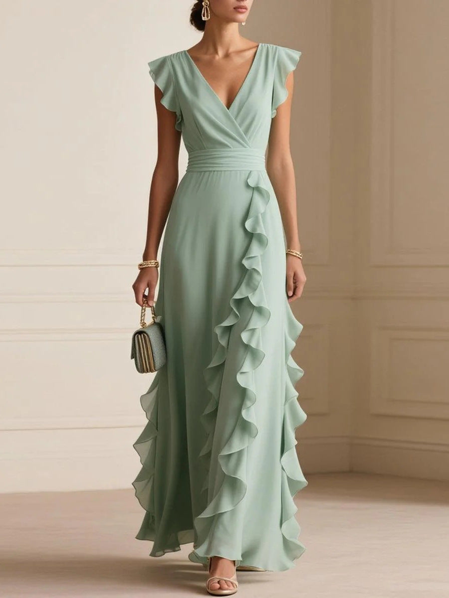 green Pleated Sleeveless V-Neck maxi Dress